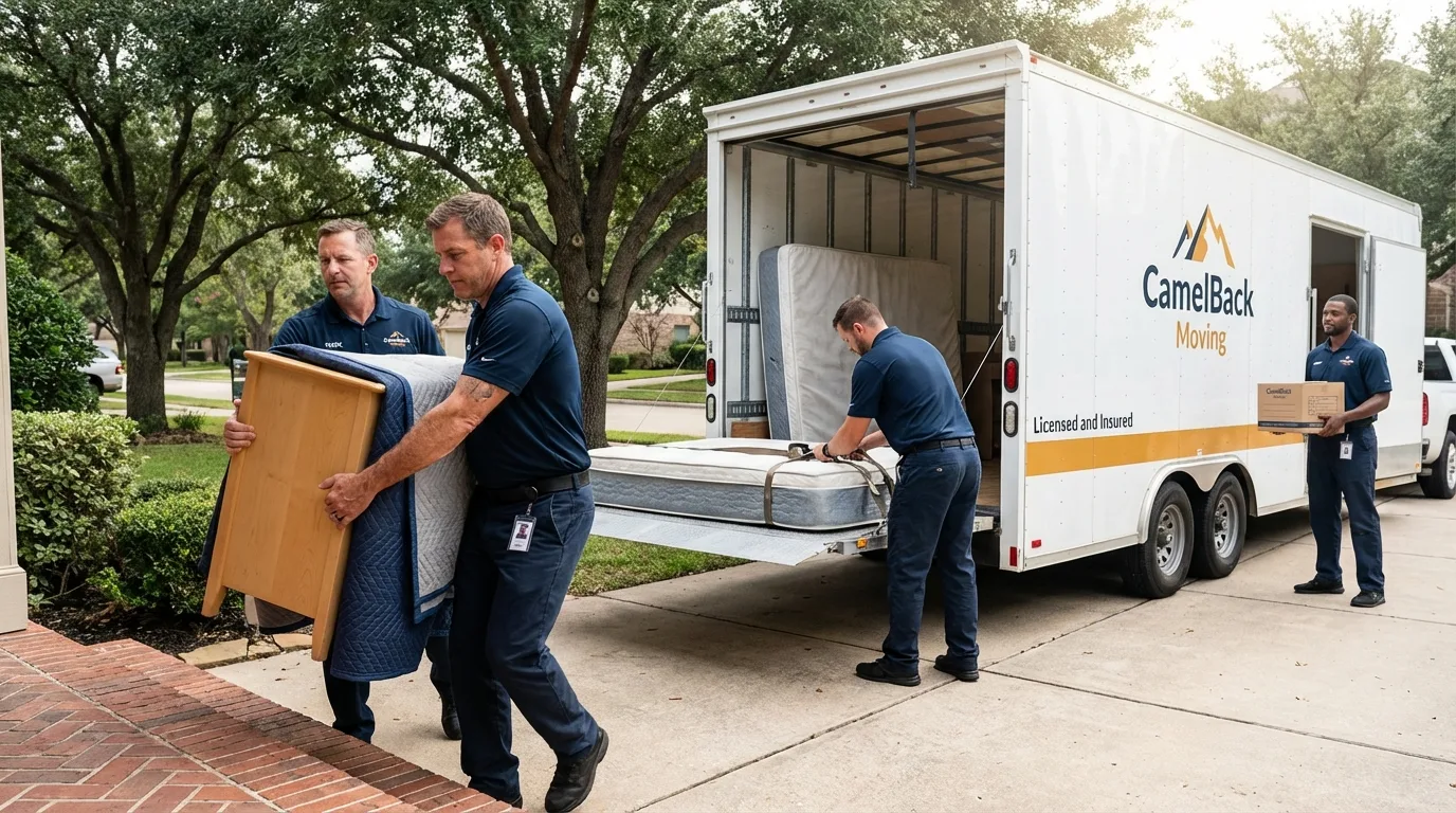 Crew loading residential truck for cross-state move from Plainview, TX