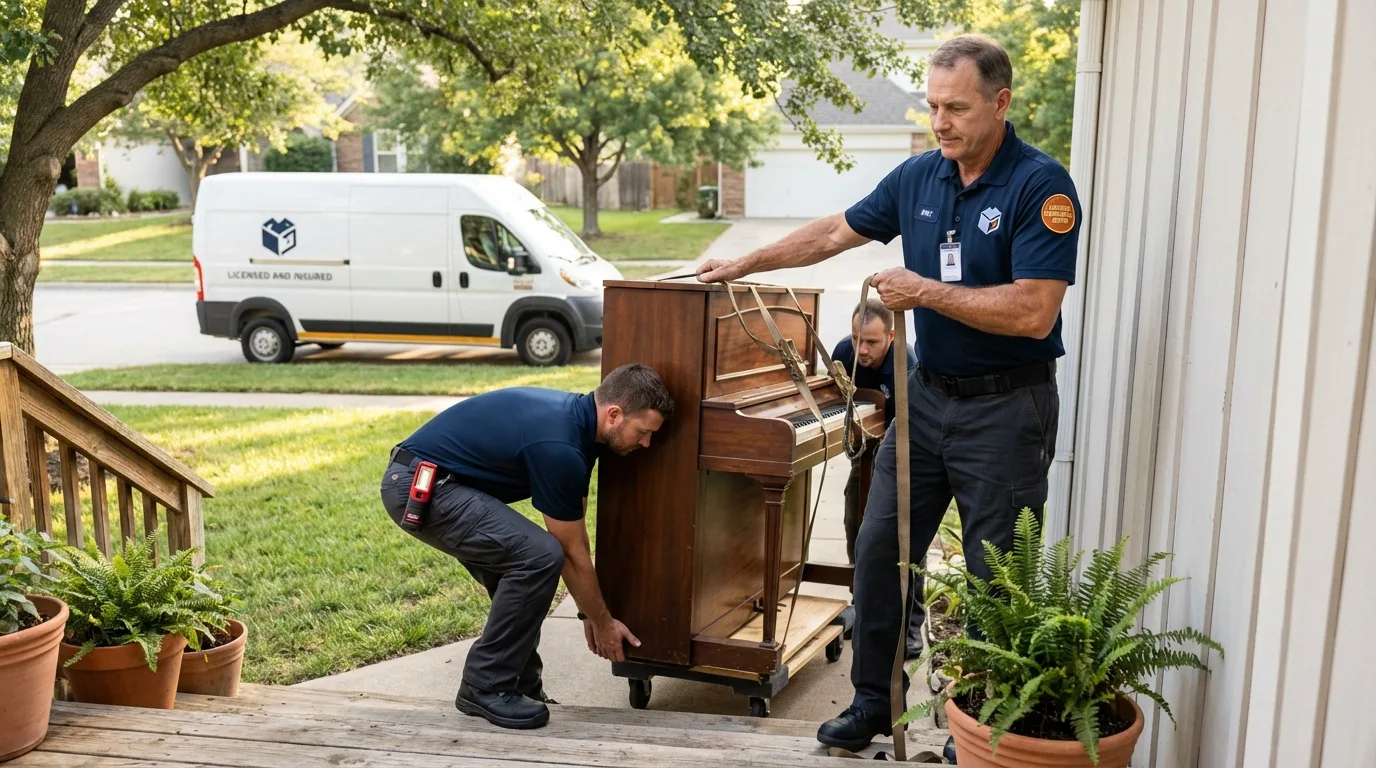 Licensed piano movers securing grand piano in Plainview, TX