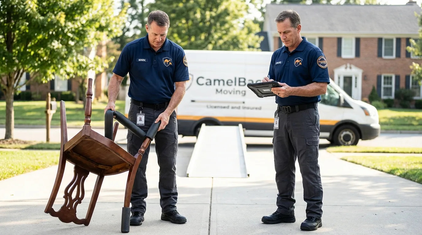 Movers inspecting furniture for damage prevention before loading in Plainview, TX
