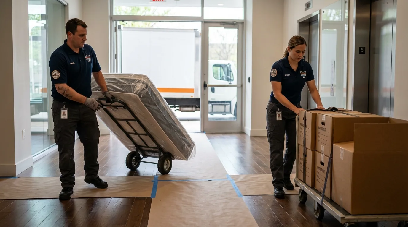 Professional apartment movers loading elevator in Plainview, TX