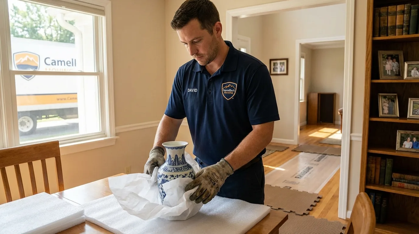 Professional crew carefully wrapping antique vase for senior downsizing move in Plainview, TX